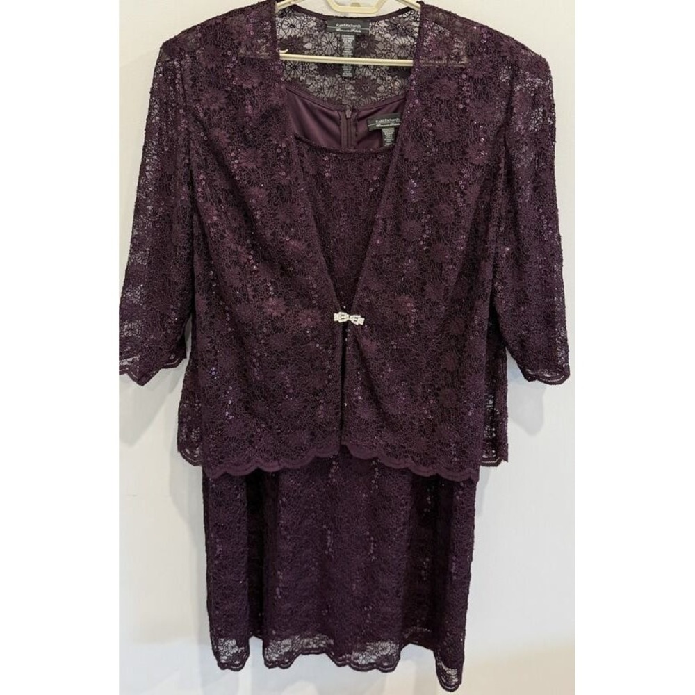 R&M Richards Deep Purple Petite Lace Sequin Sleeveless Dress Jacket Formal 22WP